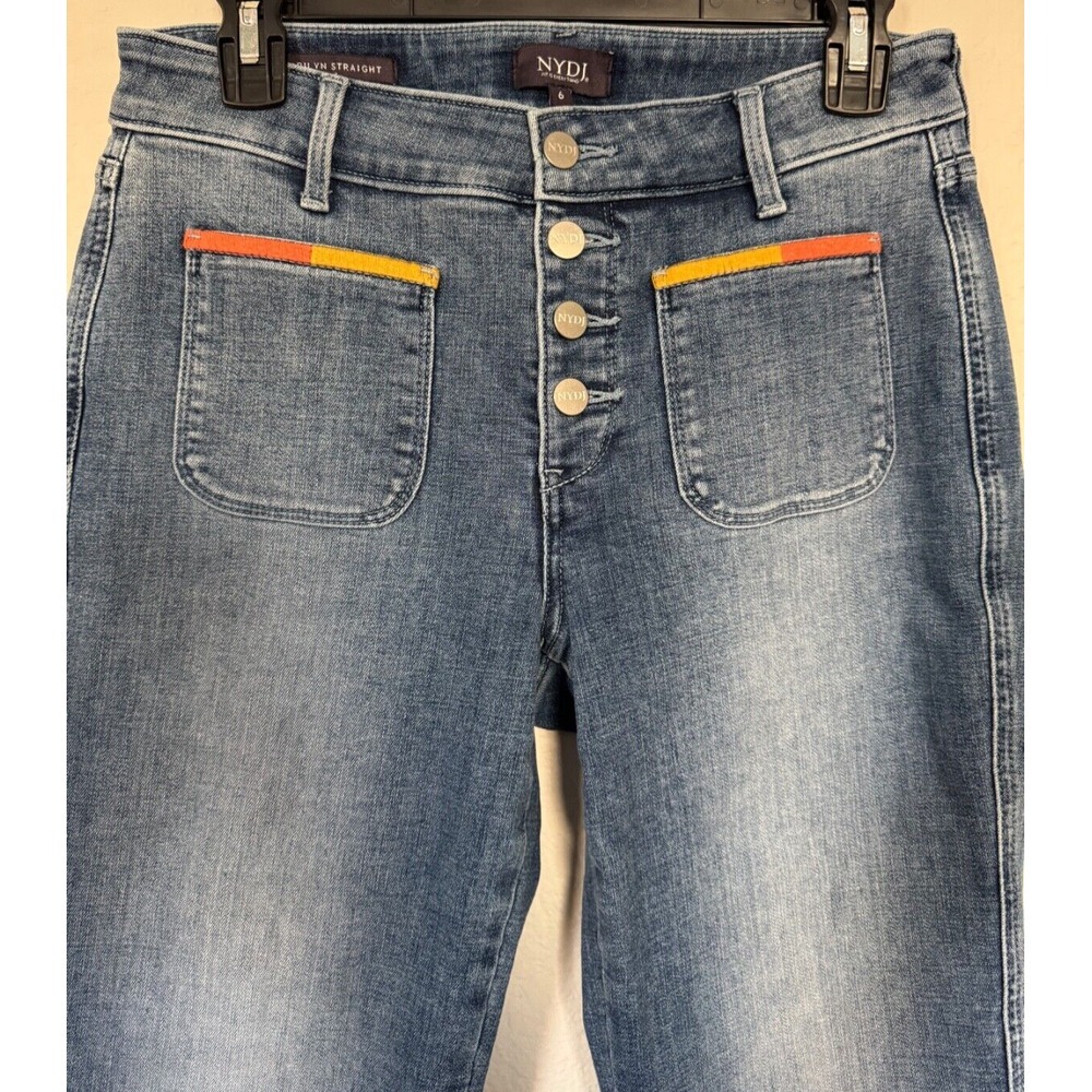 NYDJ Jeans Marilyn Straight Clean Horizon SZ 6 Ankle Raw Hem Multi Color Pockets - Picture 3 of 16